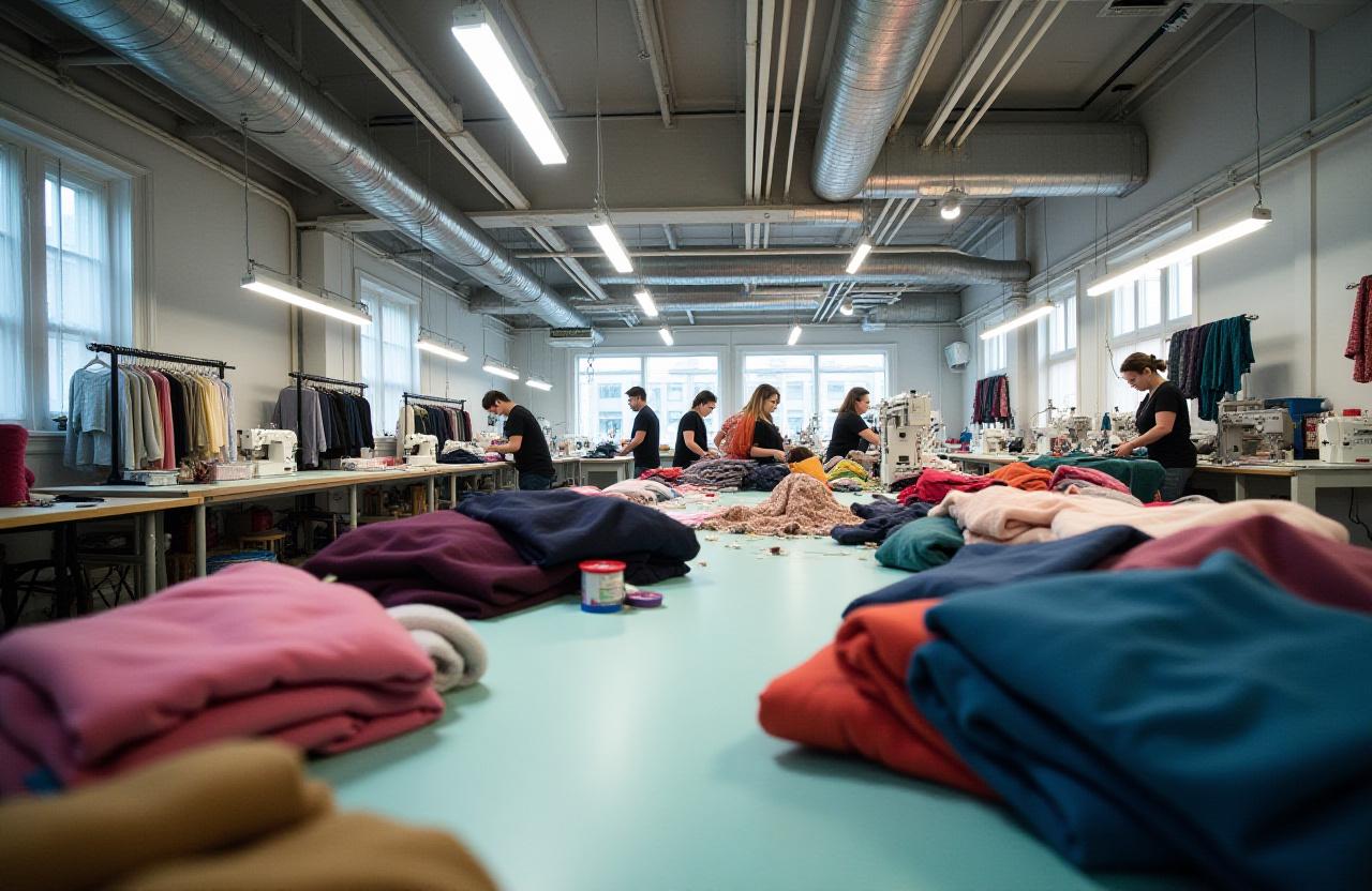 A wide shot of the bustling Textilia Creations atelier in Montréal.
