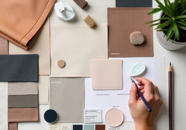 An interior designer's moodboard featuring Textilia fabric swatches.